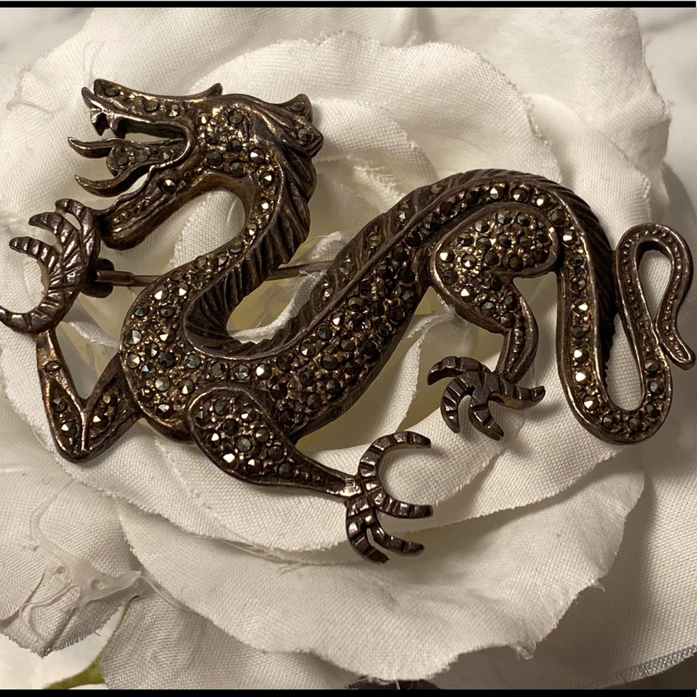 Vintage Dragon Brooch Silver with marquisites